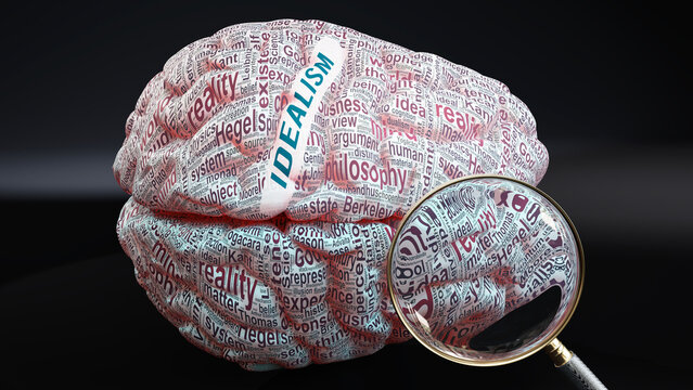 Idealism in human brain, a concept showing hundreds of crucial words related to Idealism projected onto a cortex to fully demonstrate broad extent of this condition,3d illustration