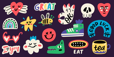 Funny stickers collection, cute comic characters and phrases. Heart, ok sign, sneakers, glasses, scull. Hand drawn trendy vector illustration