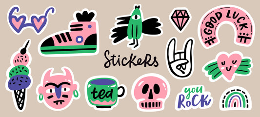Funny stickers or pins collection, cute comic characters. Heart, rock sign, sneaker, glasses, scull.