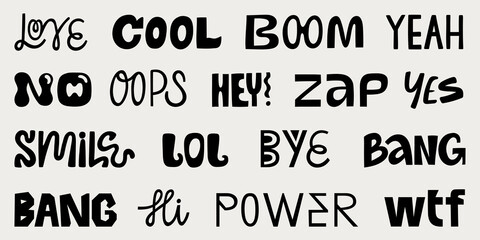 Lettering sticker phrases collection. Love, cool, boom, yeah, oops, zap, lol, bye, bang, wtf etc.