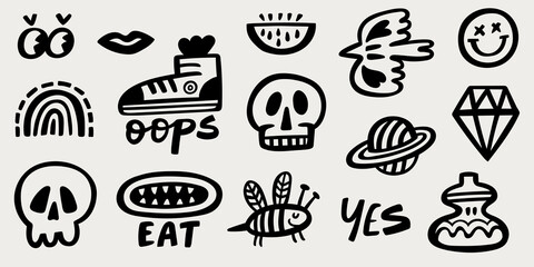 Funny black stickers or pins collection, cute comic characters. Hand drawn trendy vector illustration