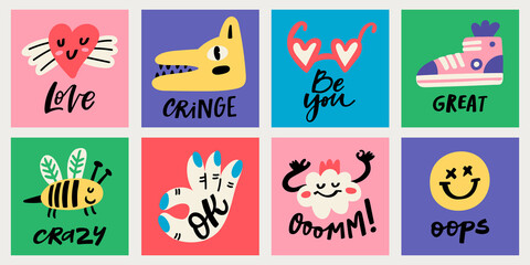 Funny colorful stickers or pins collection, cute comic characters and phrases. Heart, ok sign, sneaker, glasses, bee, cloud and wolf.