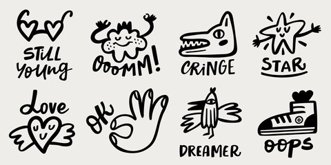 Funny black stickers or pins collection, cute comic characters and phrases. Heart, ok sign, sneaker, glasses, bird, star, cloud and wolf