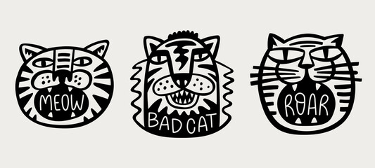 Styled trendy black roaring animal heads. Cute cat and tiger hand drawn characters.