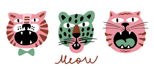Styled trendy colorful meowing animal heads. Cute cat, cheetah and tiger hand drawn characters. Print, poster, logo or sticker design.