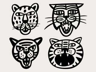 Styled trendy black roaring animal heads. Cute cat, cheetah and tiger hand drawn characters. Print, poster, logo or sticker design.