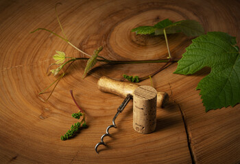 Photo of an old-fashioned corkscrew with a cork, on a wooden background texture. Design template for wine list or tasting invitation