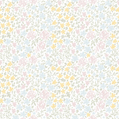 Vintage floral vetor pattern. Seamless background with wildflowers in the meadow. Colorful texture. Blue, pink, yellow and green flowers cute pastel colors.