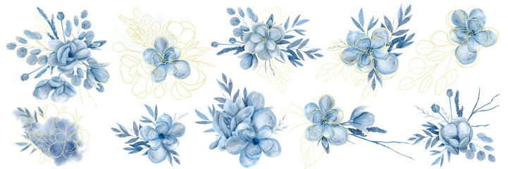 Fototapeta premium Watercolor hand drawn set illustration with blue magnolia flowers