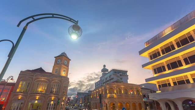 time lapse clock tower a landmark of Phuket city.
Phuket,Thailand-May,25,2022:the architectural style in Phuket city was built in Chino portuguese style.
clock tower is a landmark of Phuket city.