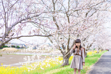 Fototapeta na wymiar 桜の木の下でピースをする女の子