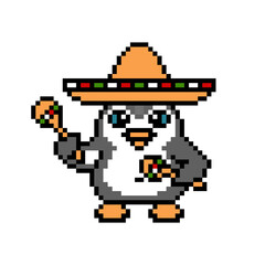 Fototapeta premium Penguin in a sombrero hat playing two maracas, pixel art animal on white. Latin music bird character. Old school retro 80's-90's 8 bit slot machine, 2d video game graphics. Cartoon mexican mascot.