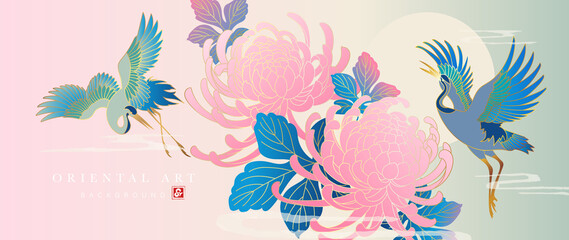 Luxury floral oriental background vector. Chinese and Japanese oriental line art with flowers, leaves, cranes, birds, gold line. Elegant blossom flowers illustration design for wall art, wallpaper