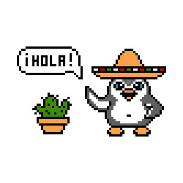 Penguin in a sombrero hat saying Hola (translation: Hello) to cactus, pixel art animal character on white. Old school retro 80's-90's 8 bit slot machine, video game graphics. Cartoon mexican mascot.