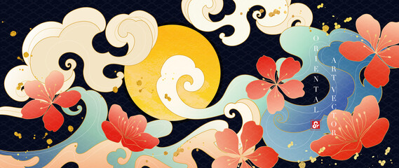 Luxury ocean oriental background vector. Chinese and Japanese oriental line art with circle sun, sea waves, floral, flowers. Elegant ocean landscape illustration design for wall art, wallpaper.