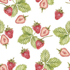 Watercolor seamless pattern with vintage strawberries with berries and leaves. Isolated on white background.