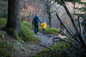 Obraz premium A mother with a child and a dog are walking along the mountain hiking trail. Family spending time.