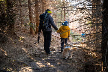 A mother with a child and a dog are walking along the mountain hiking trail. Family spending time.