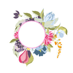 Digital floral frame of greenery, flowers. Hand painted wreath of green leaf, pastel blossom, abstarct fruit isolated on white background. Botanical illustration for design, print, wedding card