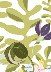 Digital floral poster - bouquet of greenery, flowers. Hand painted set of green leaf, pastel blossom, fruit with abstact shapes isolated on white background. illustration for design, print, logo