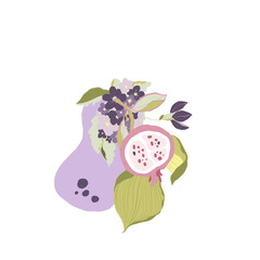 Digital floral bouquet of greenery, flowers, trendy forms. Hand painted set of green leaf, blossom, fruit with abstact shapes isolated on white background. illustration for design, print, logo