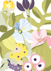 Digital floral poster - bouquet of greenery, flowers. Hand painted set of green leaf, pastel blossom, fruit with abstact shapes isolated on white background. illustration for design, print, logo