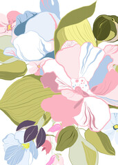Digital floral poster - bouquet of greenery, flowers. Hand painted set of green leaf, pastel blossom, fruit with abstact shapes isolated on white background. illustration for design, print, logo