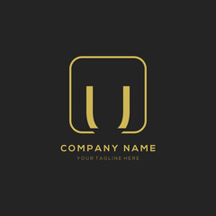 Initial letter U logo design vector dark concept with golden square element. U letter logo design.