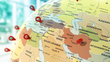 Fototapeta na wymiar 3d globe with arabian countries location points.