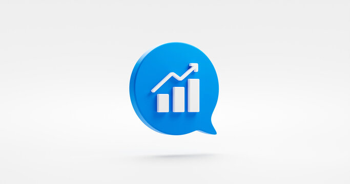 Blue up arrow graph 3d icon bubble message isolated on white background with business finance profit chart symbol or growth money stock financial investment diagram and success grow economy exchange.