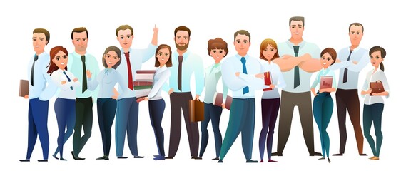 Family of Successful businessman. Cheerful persons in standing pose. Man and women with kids in business shirt tie. Cartoon comic style flat design. Separate character. Illustration isolated. Vector