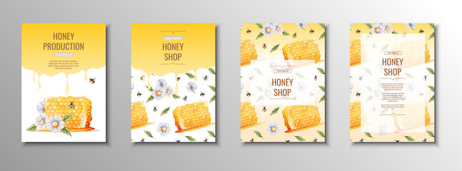 Honey products flyer set. Honey shop, honey bank, honeycombs. Template, cover, poster in a4 size for business