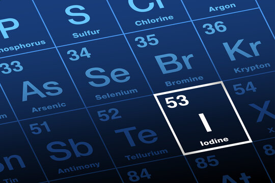 Iodine on the periodic table of the elements. Non-metallic chemical element with symbol I and atomic number 53. Heaviest essential mineral nutrient, and essential in the synthesis of thyroid hormones.
