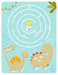 Dinosaurs Maze game for children. Help Dinosaur find correct way to baby dino. Vector illustration. Dino labyrinth for kids activity book.