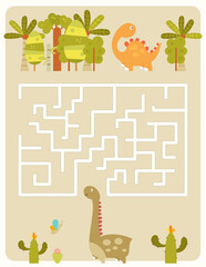 Cute Dinosaurs Maze game for children. Help Funny Dinosaur find correct way to Jungle. Vector illustration. Dino labyrinth for kids activity book.