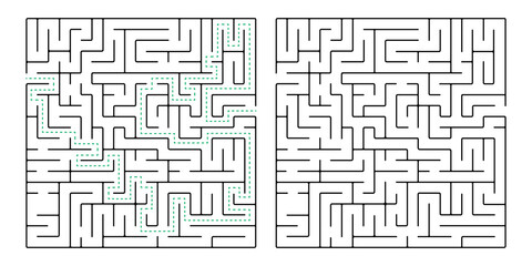 Square maze, a simple logic game with labyrinths. Vector maze game. © _Dmitrich_G