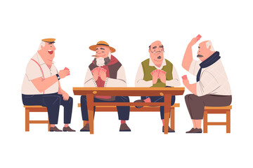 Senior Male Friends Playing Cards Game Sitting on Chair at Table Vector Illustration