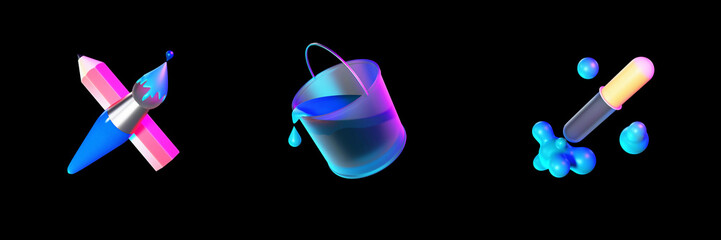 Brush with pencil, can of paint and color picker icon set on black background illustration on the theme of graphic design development 3d render