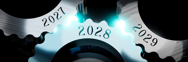 2027, 2028, 2029 - gears concept - 3D illustration