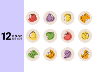 Set of 12 healthy food line colorful icons, set of fruits and vegetables 