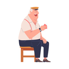 Senior Man Character Playing Cards Game Sitting on Chair Vector Illustration