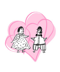 Funny seagull birds, bride and groom. Cartoon birds for wedding invitation.