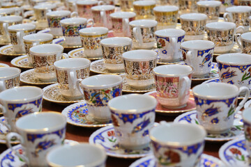 Selective Focus Retro Porcelain Tea Pots in Antique Bazaar