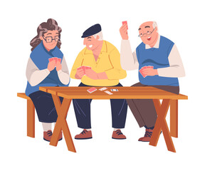 Senior Man and Woman Friends Playing Cards Game Sitting on Bench at Table Vector Illustration