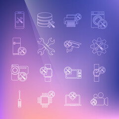 Set line Video camera service, Wrist watch, Wrench and screwdriver in gear, Printer, Crossed wrenchs, Refrigerator, Smartphone and Security icon. Vector