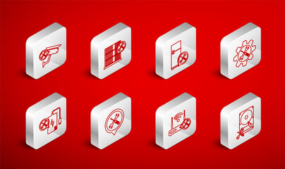 Set line Hard disk drive service, Database server, Refrigerator, Wrench and screwdriver in gear, Router wi-fi with, Security camera, Location and Power bank icon. Vector