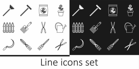 Set line Gardening handmade scissor, Watering can, Fertilizer bag, fork, fence, rake leaves, and icon. Vector