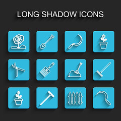 Set line Flowers in pot, Garden rake, Planting tree the ground, fence, Sickle, fork, and Shovel icon. Vector