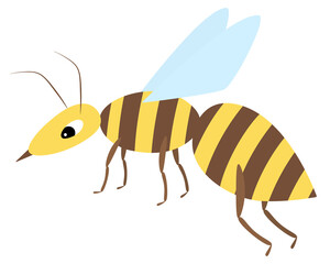 Wasp. A small fly with a stinger and a striped body. Color vector illustration. Insect with blue wings. Isolated background. Flat style. Idea for web design, invitations, postcard.