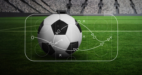 Image of game plan and soccer ball at stadium